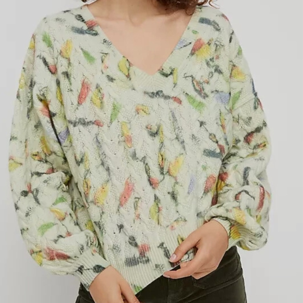 Anthropologie Catch of the Day Cable Knit Wool Sweater V-neck Bird Motif Medium